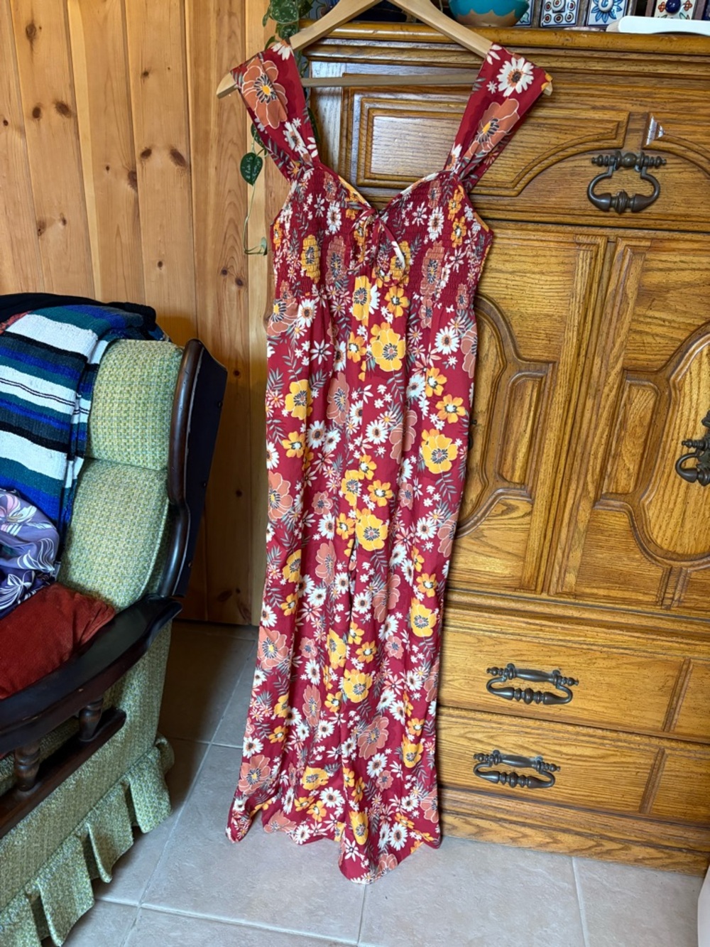 Red wide leg romper with Yellow & White Blooms